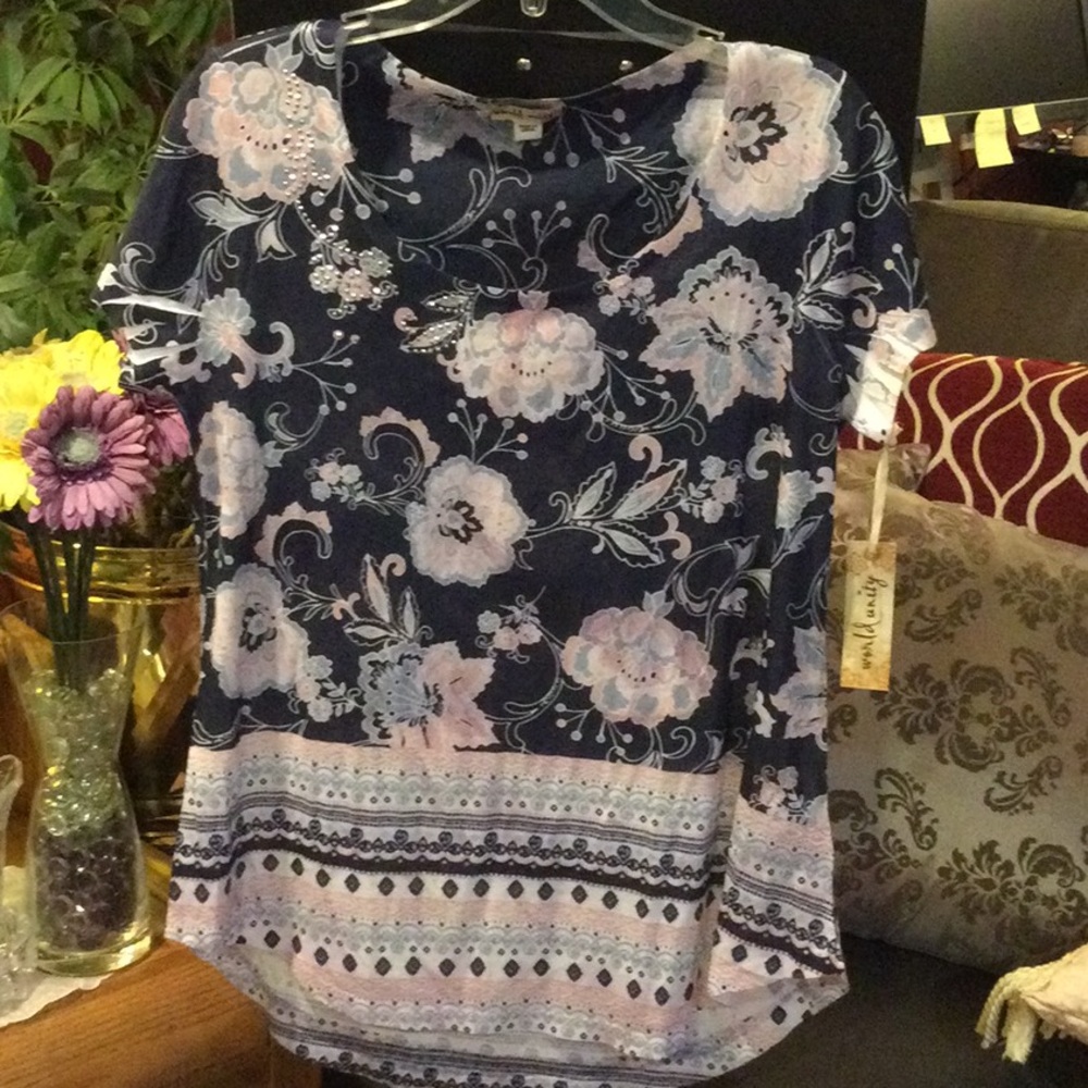 World Unity, Floral navy blue and pink shirt